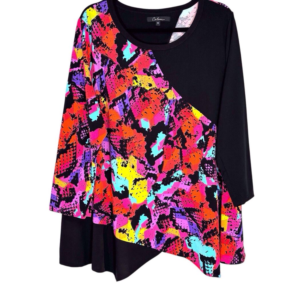 Calessa Tunic Top Womens 1X Black Multicolored Abstract Asymmetrical Hem Boho